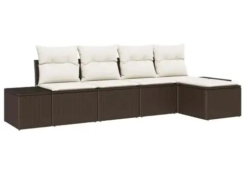 Set de Canapea de Grădină 5 Piese cu Perne Maro Ratan Poliester - 2/5