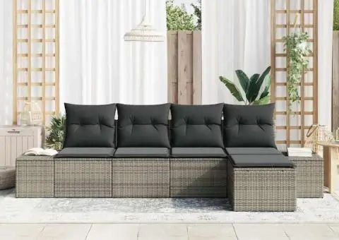Set canapea de grădină cu 5 piese și perne gri din ratan poliester - 3/5