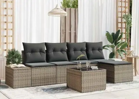 Set canapea cu 5 piese și perne negre din ratan poliester - 1/5