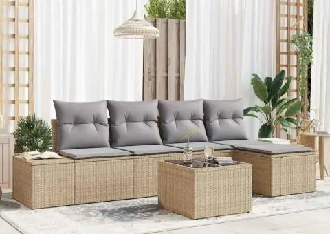 Set de canapea de grădină de 6 piese cu perne negre din ratan poliesteric - 1/5