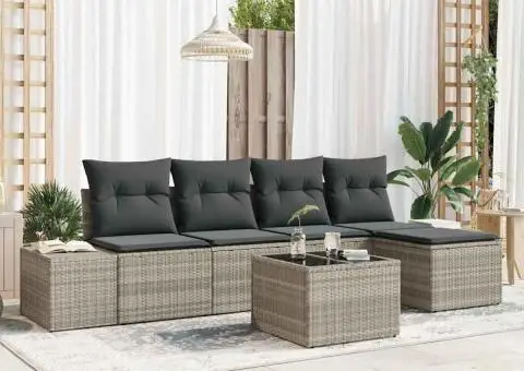 Set canapea grădină de 6 piese cu perne gri din ratan poliesteric - 1/5