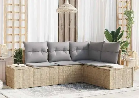 Set de canapea de grădină 4 piese cu perne Bej Ratan poliester - 1/5