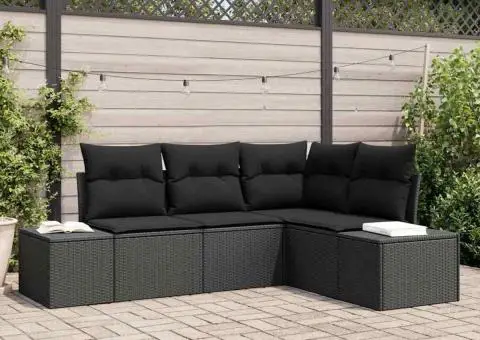Set de canapea de grădină de 4 piese cu perne din ratan polimeric negru - 1/5