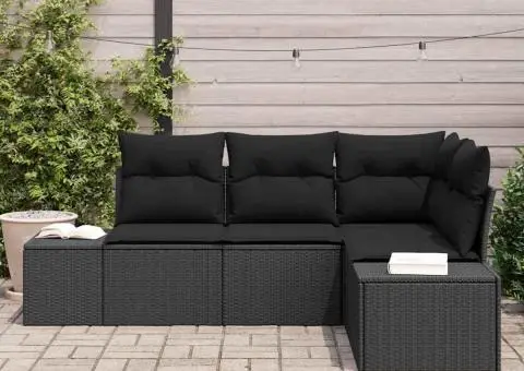 Set de canapea de grădină de 4 piese cu perne din ratan polimeric negru - 3/5