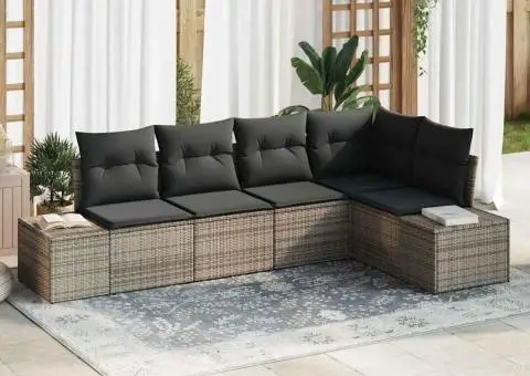 Set Canapea Grădină 5 Piese cu Perne Gri Poliratan - 1/5