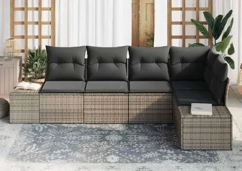 Set Canapea Grădină 5 Piese cu Perne Gri Poliratan - 3/5