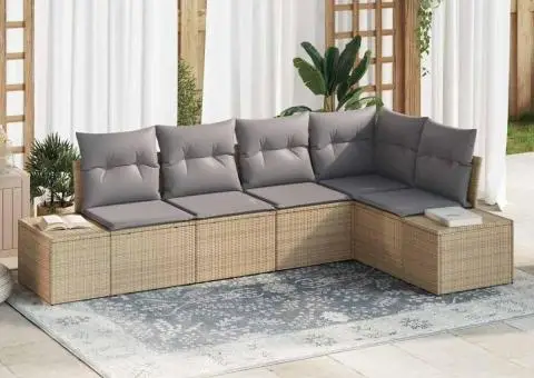 Set de Canapea de Grădină de 5 Piese cu Perne Bej din Ratan Poli - 1/5