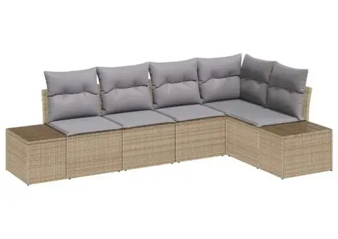 Set de Canapea de Grădină de 5 Piese cu Perne Bej din Ratan Poli - 2/5