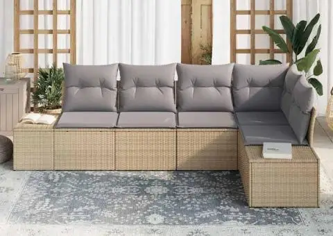 Set de Canapea de Grădină de 5 Piese cu Perne Bej din Ratan Poli - 3/5