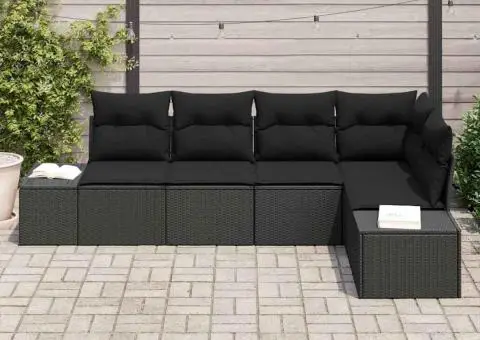 Set 5 Canapele Grădină cu Pernă Ratan Poli Negru - 3/5