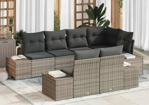 Set de canapea de grădină de 7 piese cu perne gri din ratan poli - 1/5