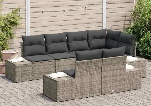 Set de canapea de grădină de 7 piese cu perne gri din ratan poli - 3/5