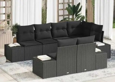 Set de canapea de grădină cu 7 piese și perne, negru, poliratan - 1/5