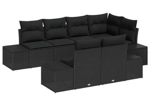 Set de canapea de grădină cu 7 piese și perne, negru, poliratan - 2/5