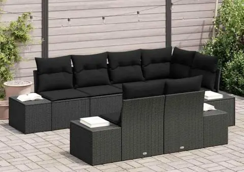 Set de canapea de grădină cu 7 piese și perne, negru, poliratan - 3/5