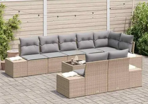 Set canapea de grădină cu 9 piese și perne Bej Poliratan - 3/5