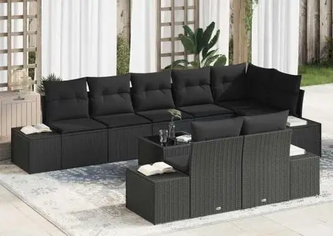 Set de canapea de grădină 9 piese cu perne, bej, poliratan - 1/5