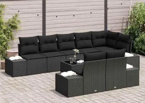 Set de canapea de grădină 9 piese cu perne, bej, poliratan - 3/5