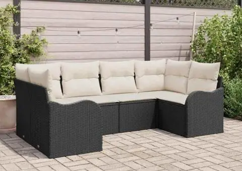 Set de canapea de grădină cu 6 piese și perne, ratan poli negru - 1/5