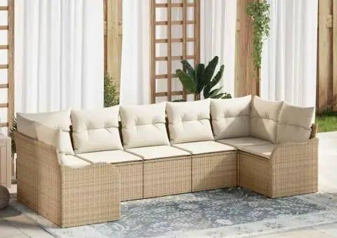 Set de canapea de grădină cu 7 piese și perne din ratan poliesteric bej - 1/5