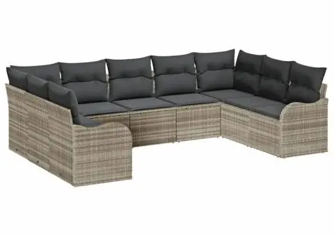 Set de Canapea de Grădină cu 9 Piese cu Pernuțe Gri Deschis din Ratan Poli - 2/5