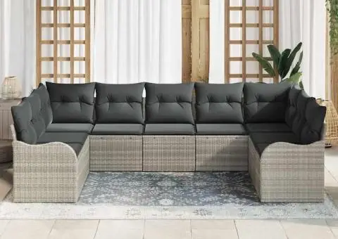 Set de Canapea de Grădină cu 9 Piese cu Pernuțe Gri Deschis din Ratan Poli - 3/5