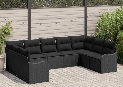 Set de canapea de grădină cu 9 piese și perne, ratan poli, negru - 1/5