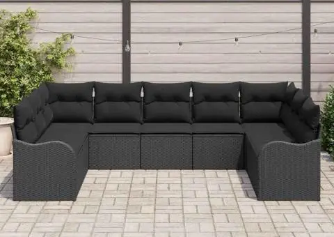 Set de canapea de grădină cu 9 piese și perne, ratan poli, negru - 3/5