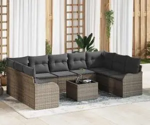 Set de canapea de grădină 9 piese cu perne negre din rattan poli
