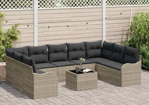 Set de Canapea de Grădină cu 10 Piese și Perne Gri din Ratan Polimeric - 3/5