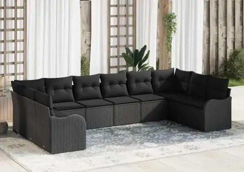 Set de canapea de grădină 10 piese cu perne Negru Poliratan - 1/5