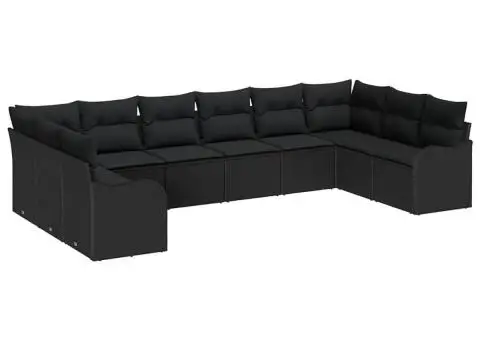 Set de canapea de grădină 10 piese cu perne Negru Poliratan - 2/5