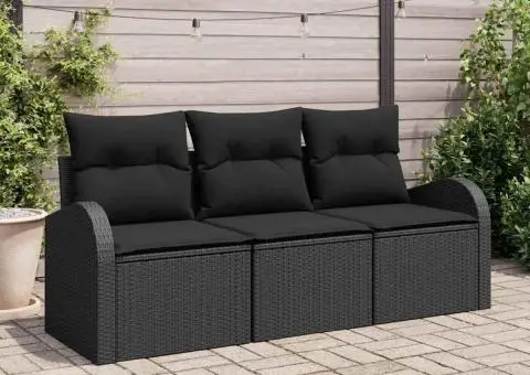Set de canapea grădină 3 piese cu perne Negru Ratan Poli - 1/5