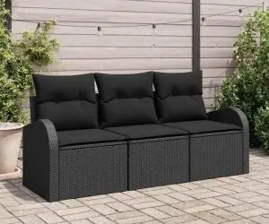 Set de canapea grădină 3 piese cu perne Negru Ratan Poli