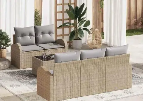 Set canapea grădină 6 piese cu pernute Bej Ratan Poliester - 1/5