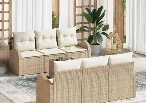 Set de Canapea de Grădină de 7 Piese cu Perne Bej Ratan Policristalin - 1/5