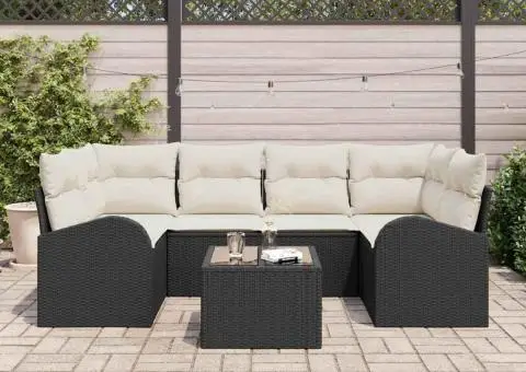 Set canapea grădină 7 piese cu perne negre din poliratan - 1/5