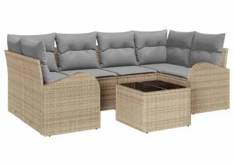 Set Canapea Grădină 7 Piese cu Pernițe Bej Poli Ratan - 2/5