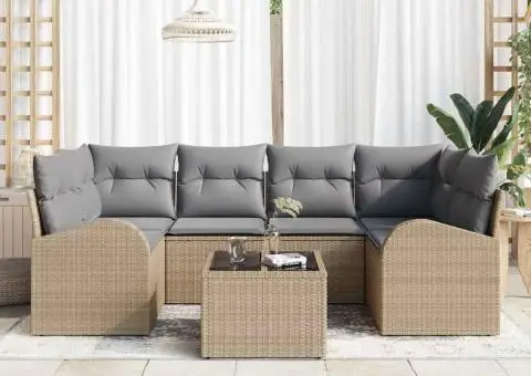 Set Canapea Grădină 7 Piese cu Pernițe Bej Poli Ratan - 3/5