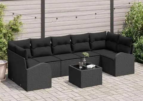 Set de canapea de grădină cu 8 piese și perne, ratan polimer negru - 1/5