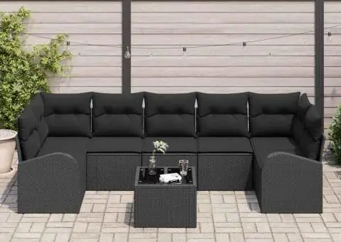 Set de canapea de grădină cu 8 piese și perne, ratan polimer negru - 3/5