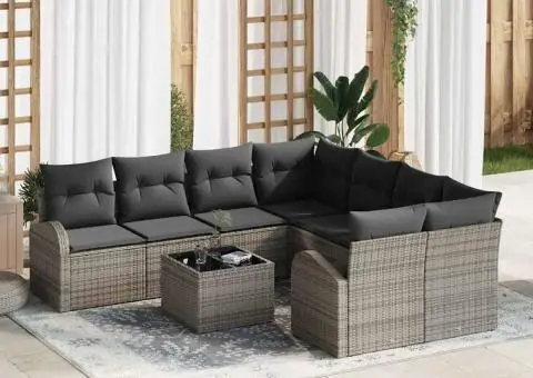 Set Canapea de Grădină cu 9 Piese și Pernuțe Gri Ratan Poliester - 1/5