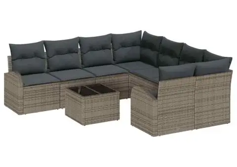 Set Canapea de Grădină cu 9 Piese și Pernuțe Gri Ratan Poliester - 2/5