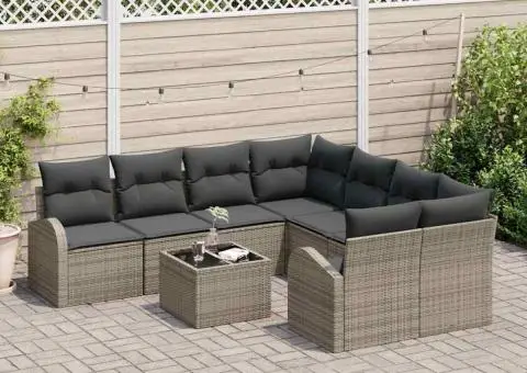Set Canapea de Grădină cu 9 Piese și Pernuțe Gri Ratan Poliester - 3/5