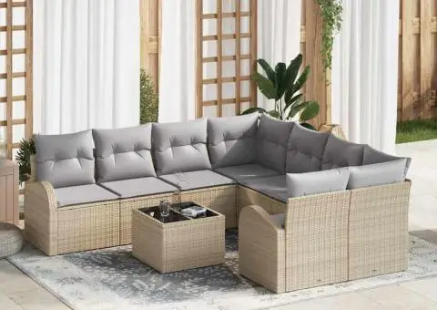 Set canapea grădină cu 9 piese și perne bej din ratan poli - 1/5