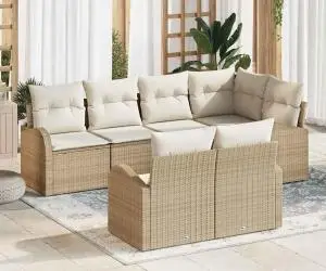 vidaXL Set de canapea de grădină 7 piese cu perne Bej Ratan Poli