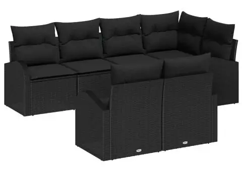 Set de canapea de grădină cu 7 piese și perne, Poliratan Negru - 2/5