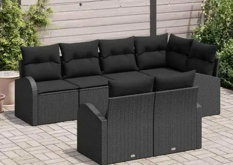 Set de canapea de grădină cu 7 piese și perne, Poliratan Negru - 3/5