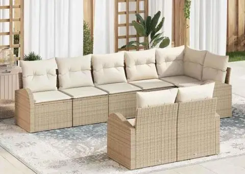 Set canapea de grădină 8 piese și perne, bej, din ratan poliesteric - 1/5