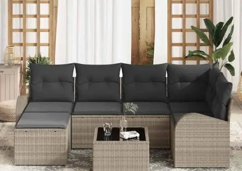 Set Canapea Grădină de 7 Piese cu Perne Gri Ratan Poli - 3/5